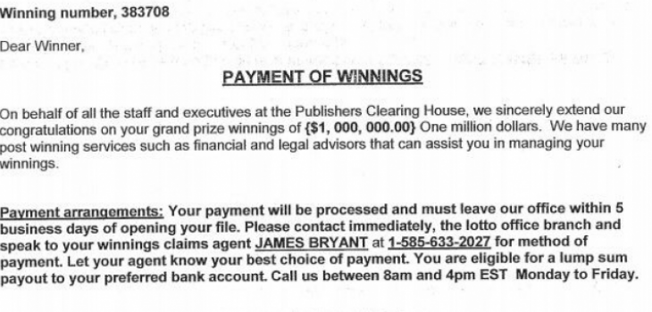 Cumberland Police Dept: This Letter from Publisher's Clearing House is a Scam!