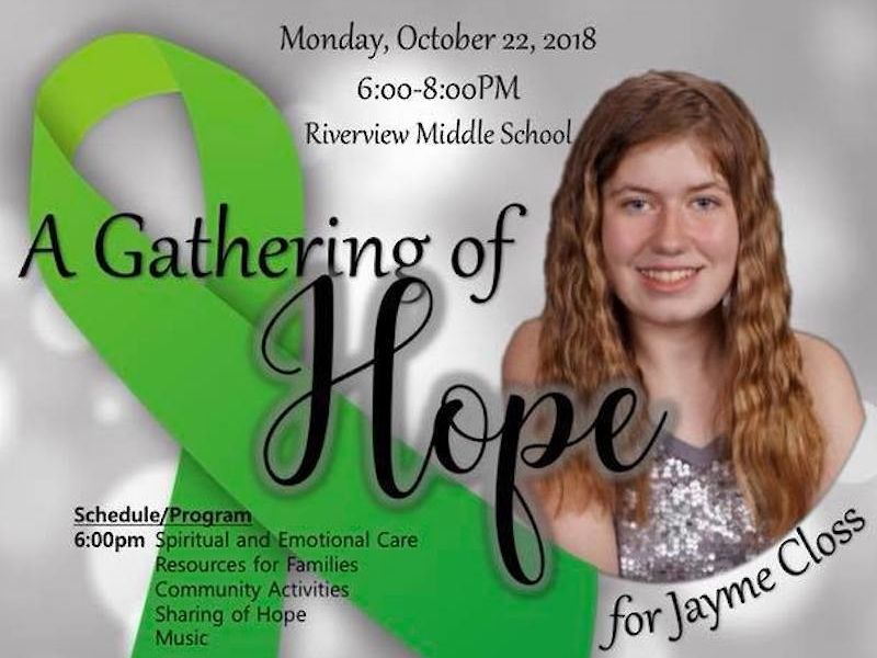(UPDATE: NEW LOCATION) Gathering of Hope for Jayme Closs Set for Monday Night